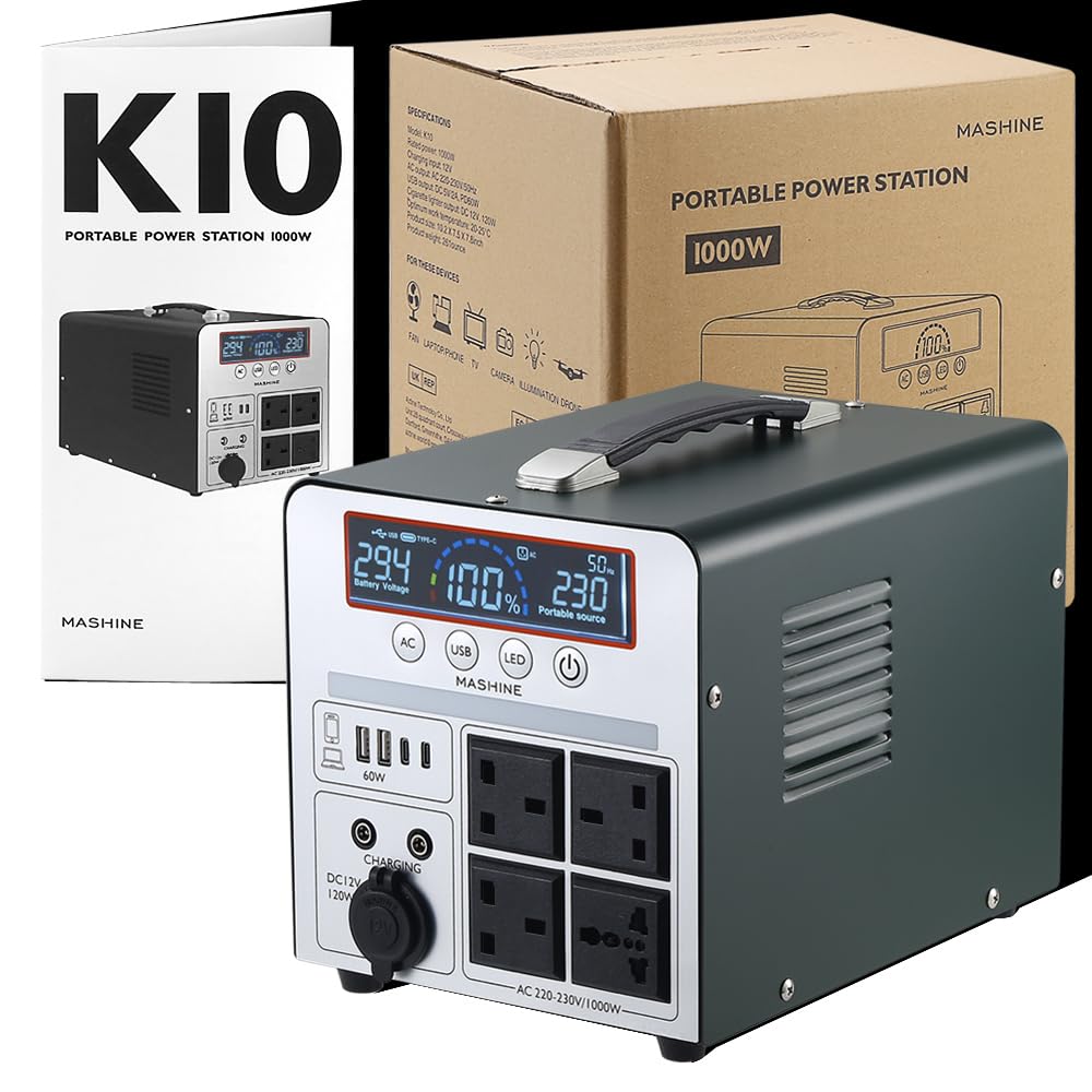 Power Station 1000W/666Wh, Mashine Portable Rechargeable Generator Inverter for Camping, RVs, Drones, Outdoor Lighting, with 4 AC Outlets and 4 USB Ports