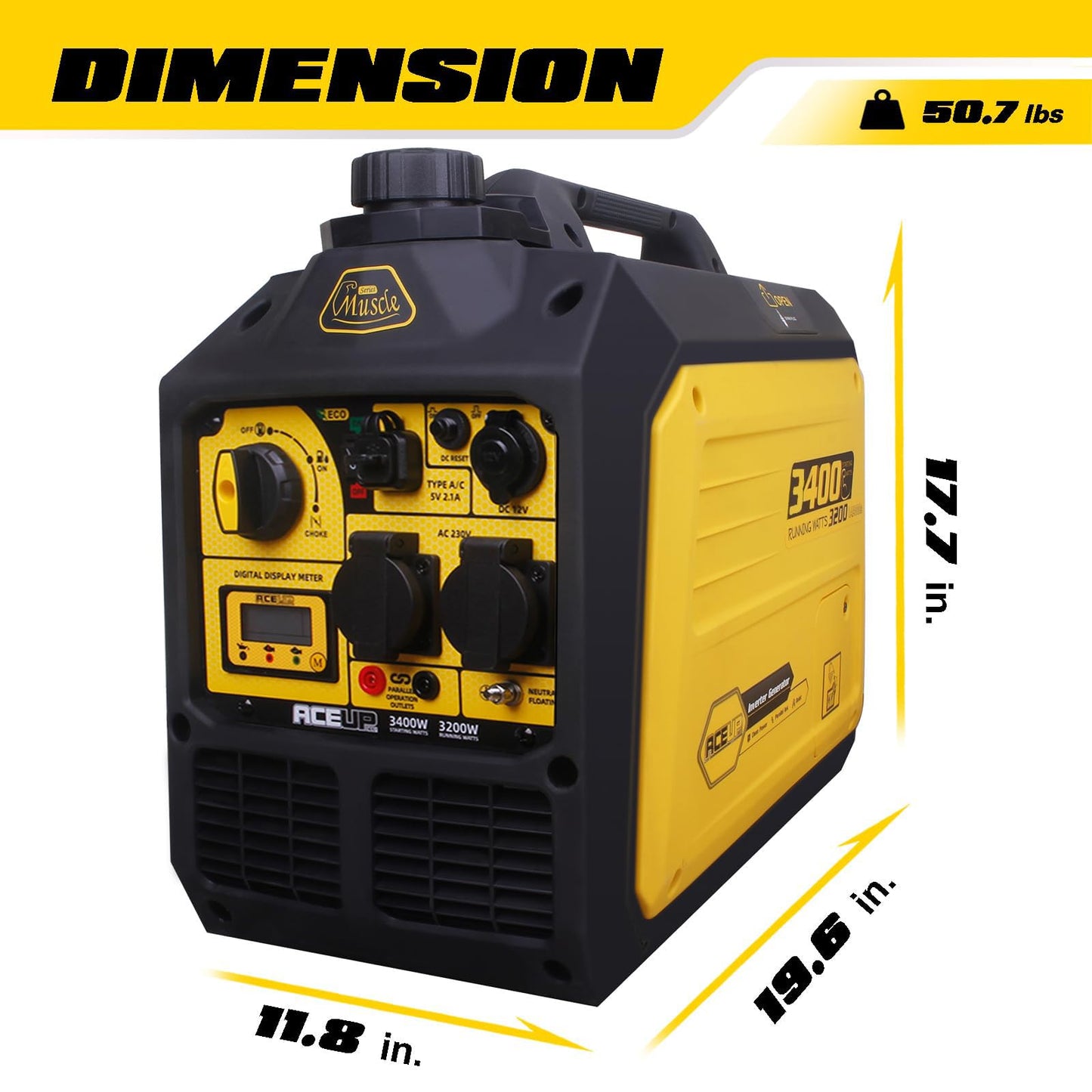 Aceup Energy 3400 Watt Portable Inverter Generator, Petrol Powered Pure Sine Wave Generator Silent for Home, Camping, RV, EURO-V, CE