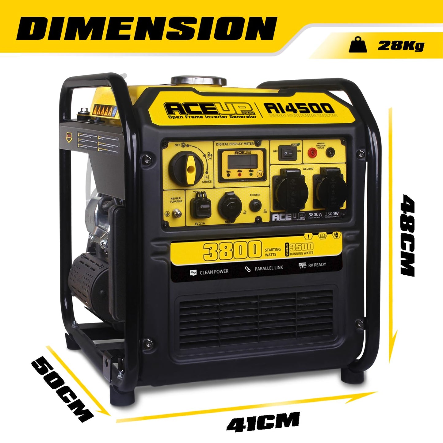 Aceup Energy 3800 Watt Inverter Generator, Petrol Powered Generator Pure Sine Wave 223cc, EURO-V, CE