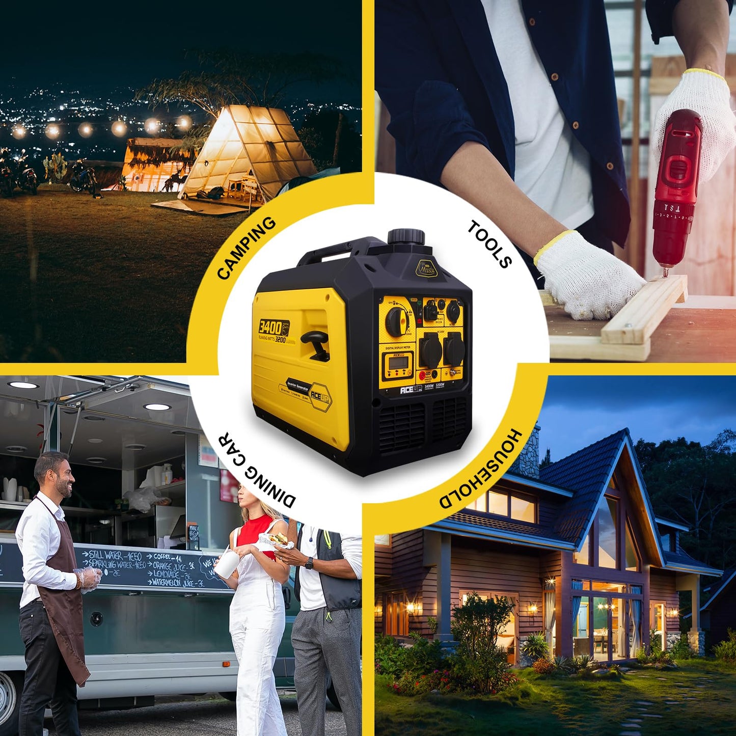 Aceup Energy 3400 Watt Portable Inverter Generator, Petrol Powered Pure Sine Wave Generator Silent for Home, Camping, RV, EURO-V, CE