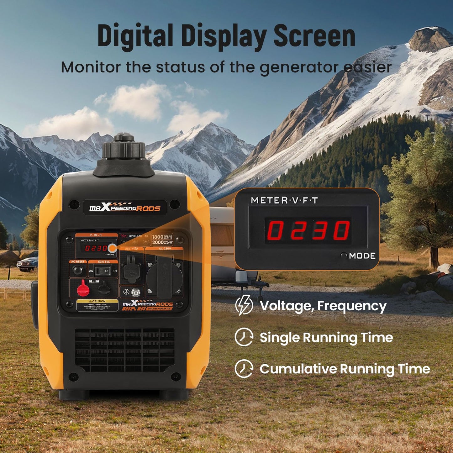 maXpeedingrods 2000W Portable Inverter Generator Petrol Silent, Digital Display, Compact and Lightweight for Camping, RV Travel,Home